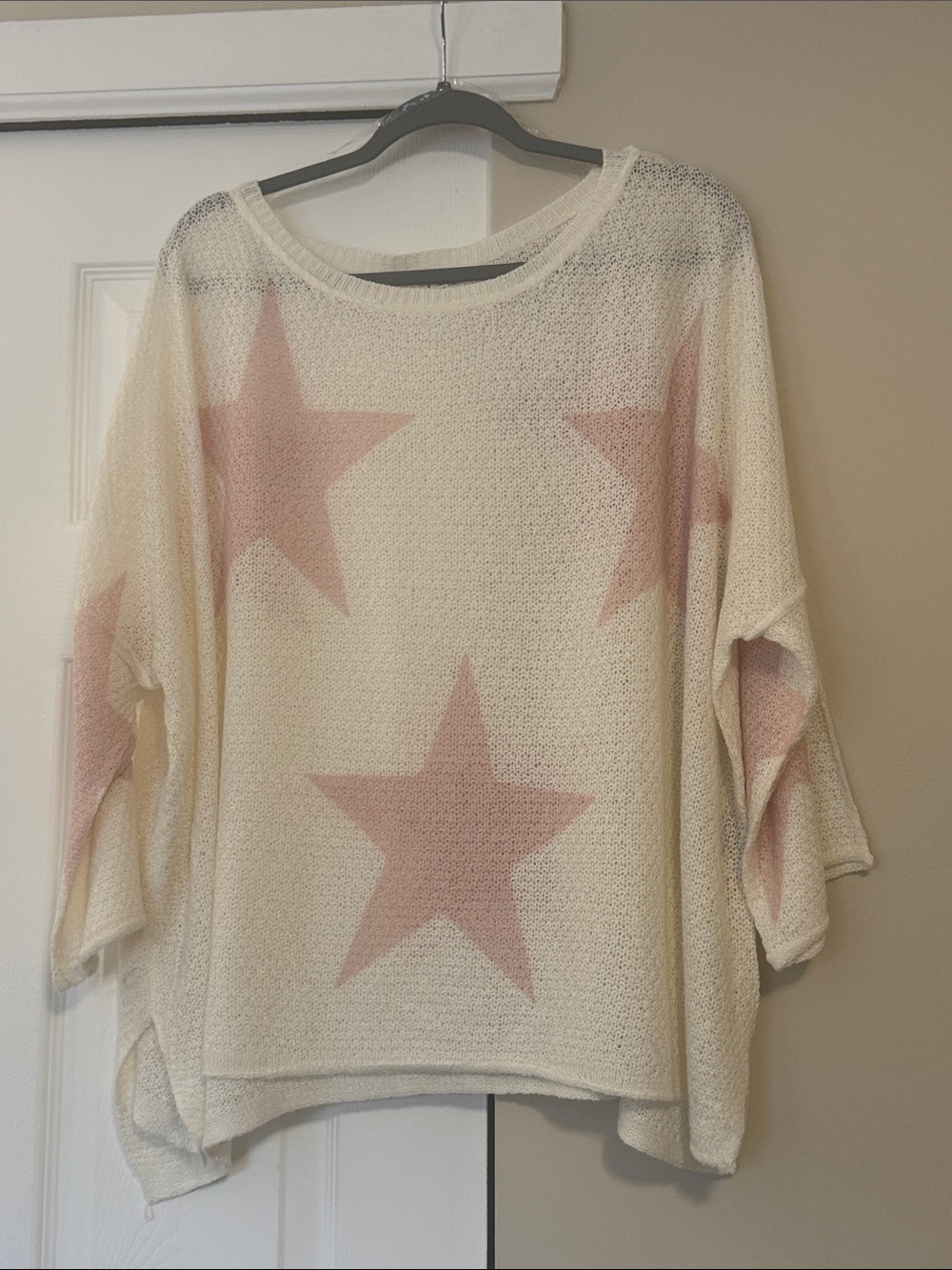POL Cream Open-Knit Sweater with Soft Pink Stars